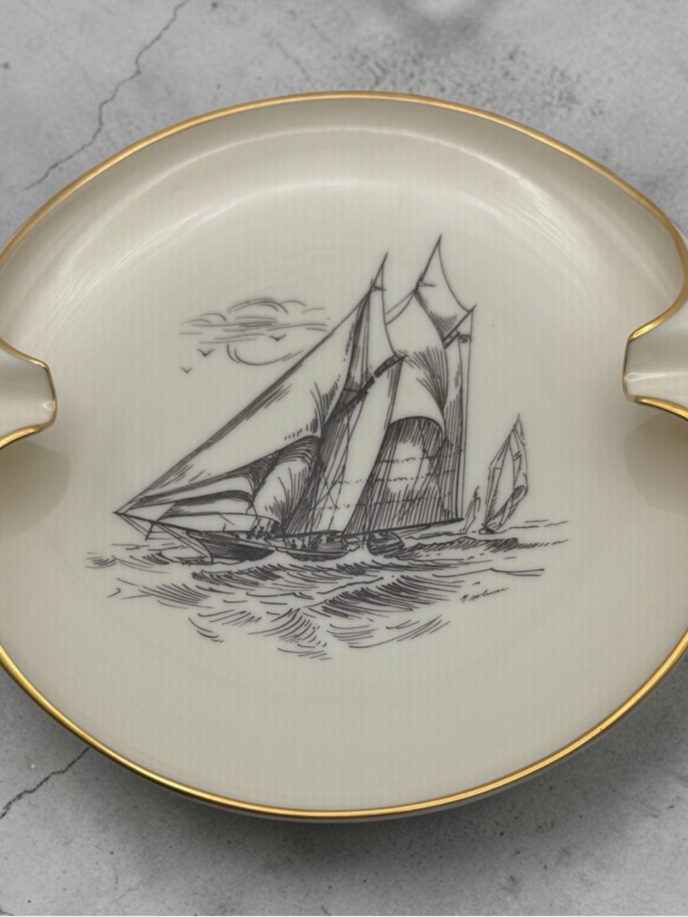 Vintage Cigar Lenox Ivory Porcelain 24k Gold Schooner Columbia Ashtray Dish